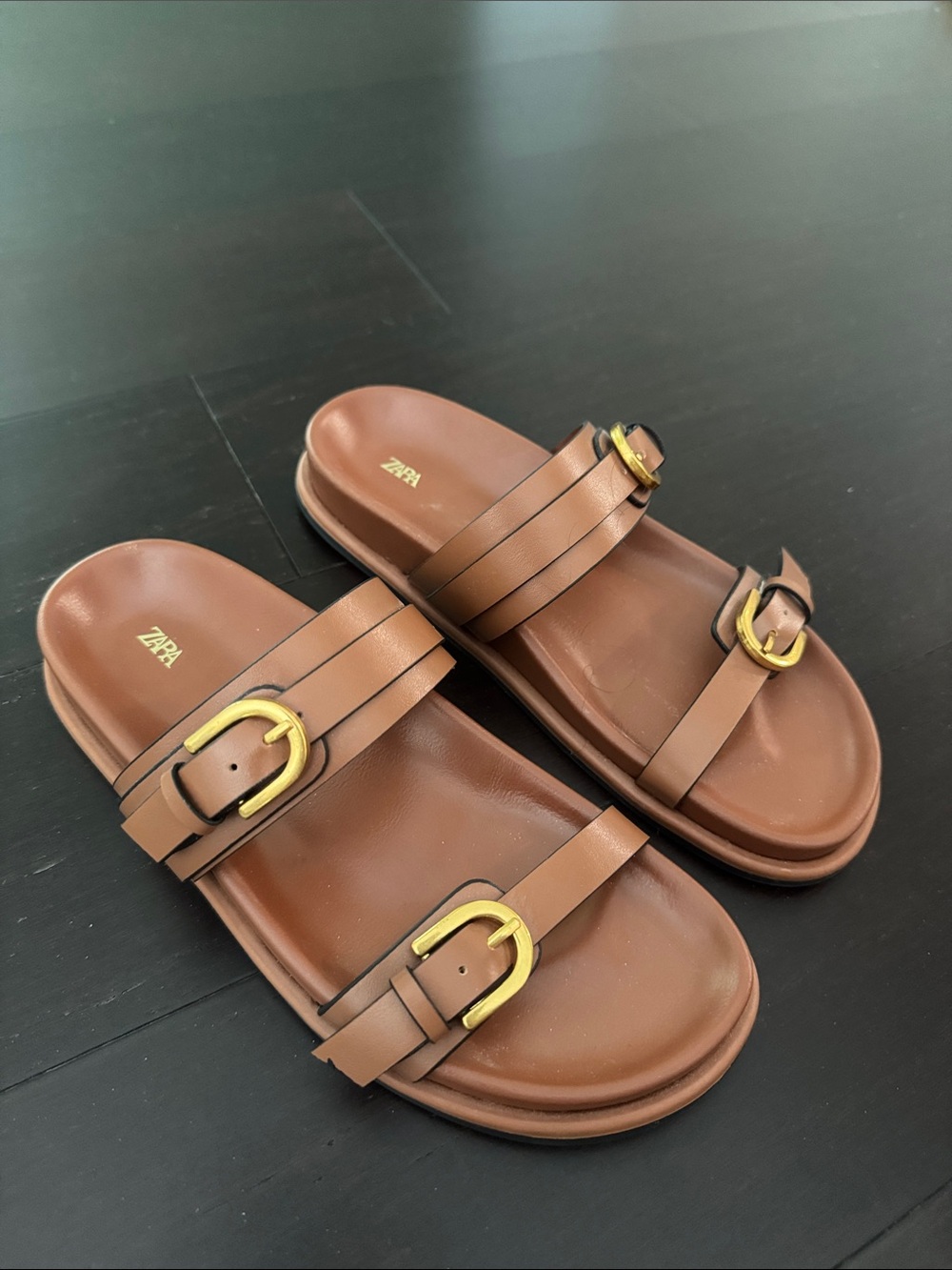 Zara Buckle Cognac Slides